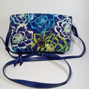 Vera Bradley Handled Tote Handbag Blue Floral Cotton Purse with Ribbons & Logo